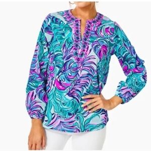 Lilly Pulitzer Coretta Tunic Seasalt Blue Dont Wanna Leaf Purple medium